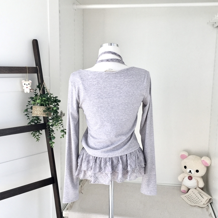 빈티지 여리핏 프릴 가디건 체크 레이어드 나시 머플러 세트