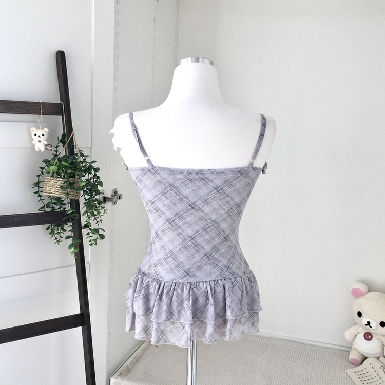 빈티지 여리핏 프릴 가디건 체크 레이어드 나시 머플러 세트