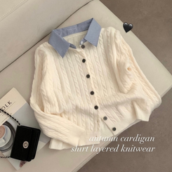 스트라이프 셔츠 카라 레이어드 꽈배기 긴팔 니트 가디건 가을 가을옷 하객룩