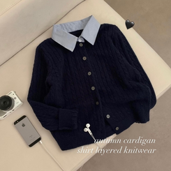 스트라이프 셔츠 카라 레이어드 꽈배기 긴팔 니트 가디건 가을 가을옷 하객룩