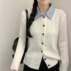 스트라이프 셔츠 카라 레이어드 꽈배기 긴팔 니트 가디건 가을 가을옷 하객룩 아이보리