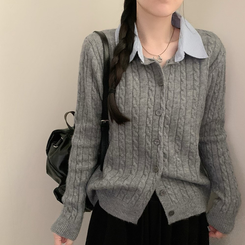 스트라이프 셔츠 카라 레이어드 꽈배기 긴팔 니트 가디건 가을 가을옷 하객룩 그레이