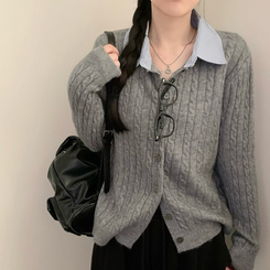 스트라이프 셔츠 카라 레이어드 꽈배기 긴팔 니트 가디건 가을 가을옷 하객룩 그레이