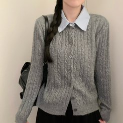 스트라이프 셔츠 카라 레이어드 꽈배기 긴팔 니트 가디건 가을 가을옷 하객룩 그레이