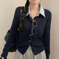 스트라이프 셔츠 카라 레이어드 꽈배기 긴팔 니트 가디건 가을 가을옷 하객룩 곤색