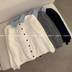 스트라이프 셔츠 카라 레이어드 꽈배기 긴팔 니트 가디건 가을 가을옷 하객룩