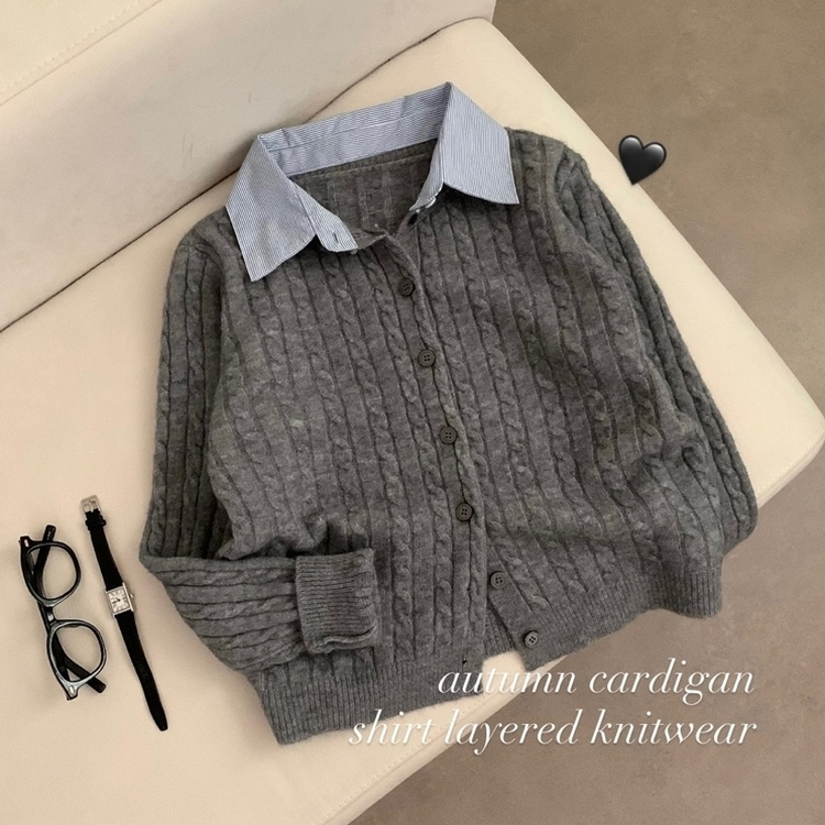 스트라이프 셔츠 카라 레이어드 꽈배기 긴팔 니트 가디건 가을 가을옷 하객룩