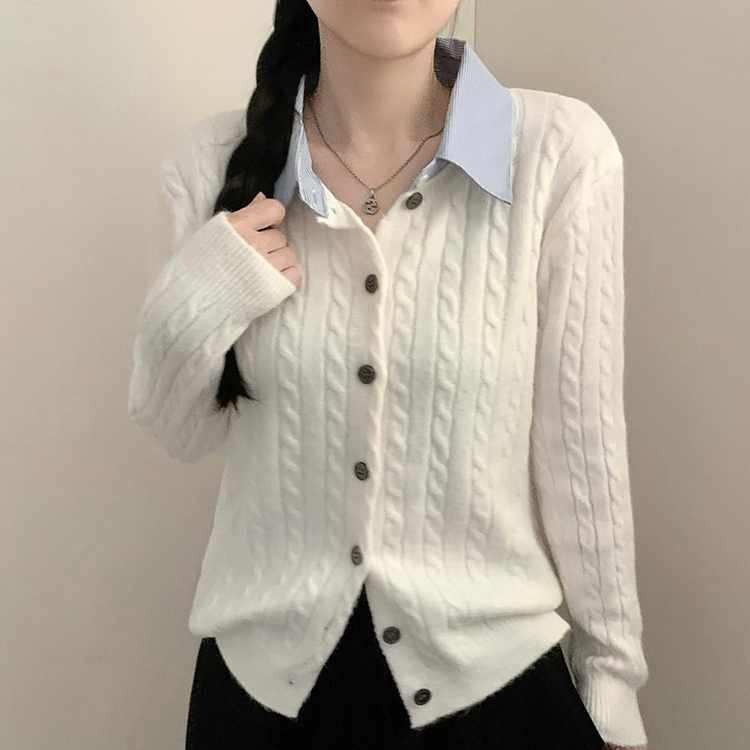 스트라이프 셔츠 카라 레이어드 꽈배기 긴팔 니트 가디건 가을 가을옷 하객룩 아이보리