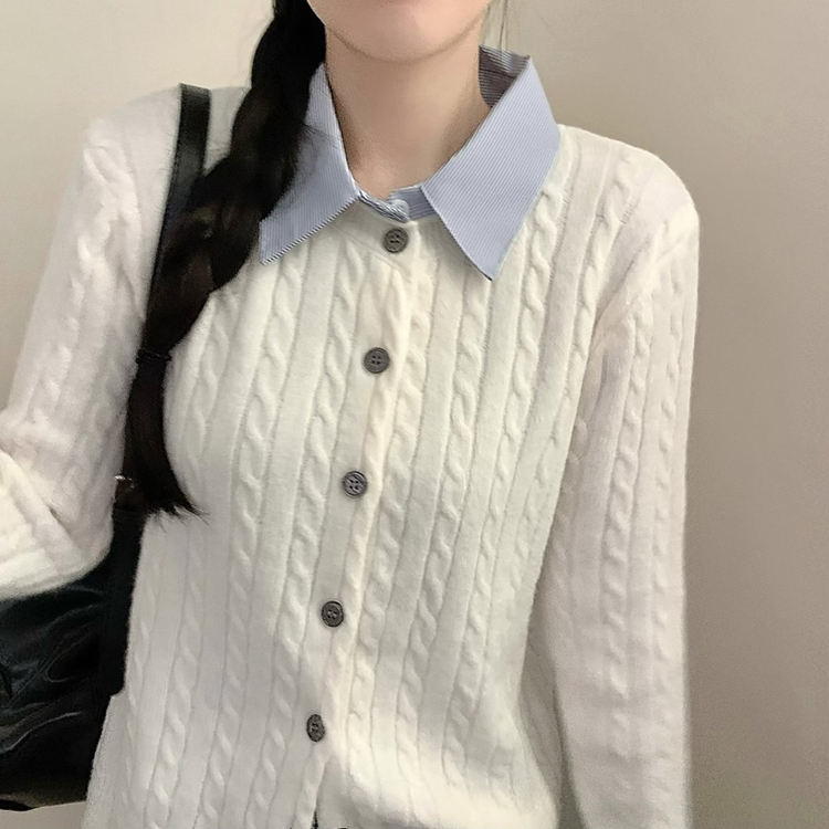 스트라이프 셔츠 카라 레이어드 꽈배기 긴팔 니트 가디건 가을 가을옷 하객룩 아이보리