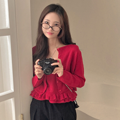 큐핑 펀칭 프릴 나시 크롭 가디건 투피스 세트 레드