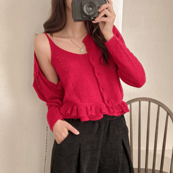 큐핑 펀칭 프릴 나시 크롭 가디건 투피스 세트 레드