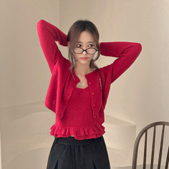 큐핑 펀칭 프릴 나시 크롭 가디건 투피스 세트 레드