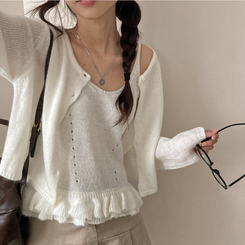큐핑 펀칭 프릴 나시 크롭 가디건 투피스 세트 아이보리