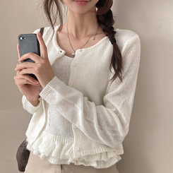 큐핑 펀칭 프릴 나시 크롭 가디건 투피스 세트 아이보리