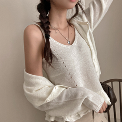 큐핑 펀칭 프릴 나시 크롭 가디건 투피스 세트 아이보리