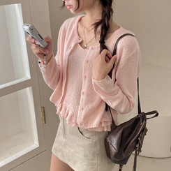 큐핑 펀칭 프릴 나시 크롭 가디건 투피스 세트 연핑크