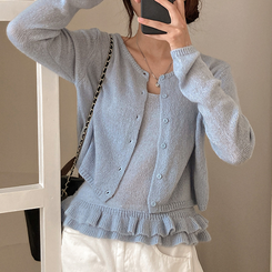 큐핑 펀칭 프릴 나시 크롭 가디건 투피스 세트 소라