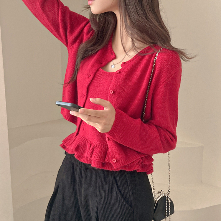 큐핑 펀칭 프릴 나시 크롭 가디건 투피스 세트 레드