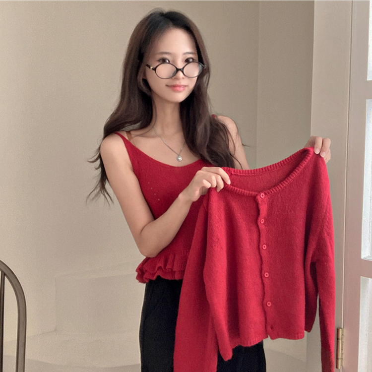 큐핑 펀칭 프릴 나시 크롭 가디건 투피스 세트 레드