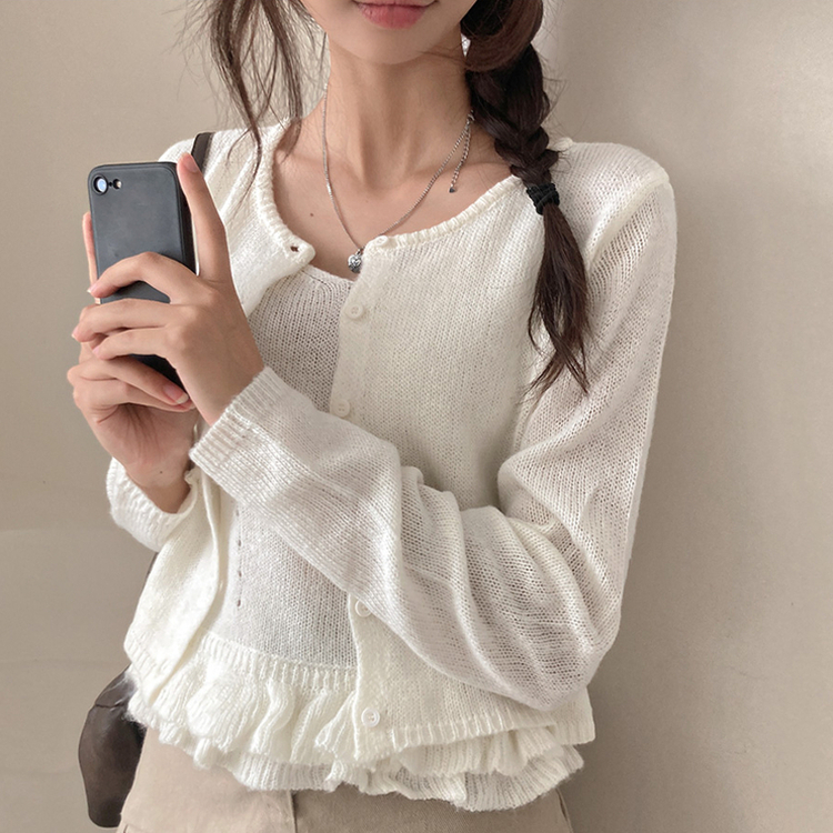 큐핑 펀칭 프릴 나시 크롭 가디건 투피스 세트 아이보리