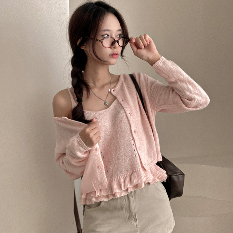 큐핑 펀칭 프릴 나시 크롭 가디건 투피스 세트 연핑크