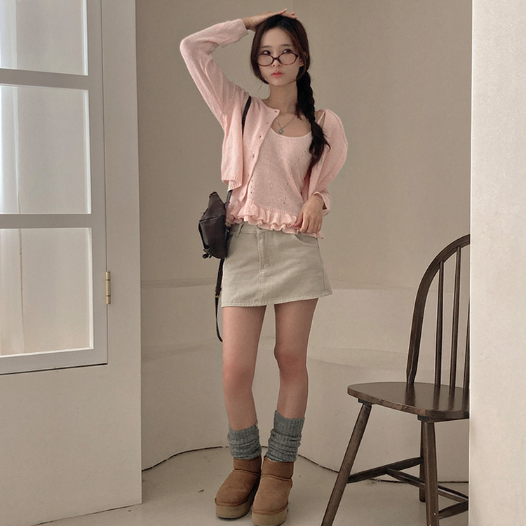 큐핑 펀칭 프릴 나시 크롭 가디건 투피스 세트 연핑크