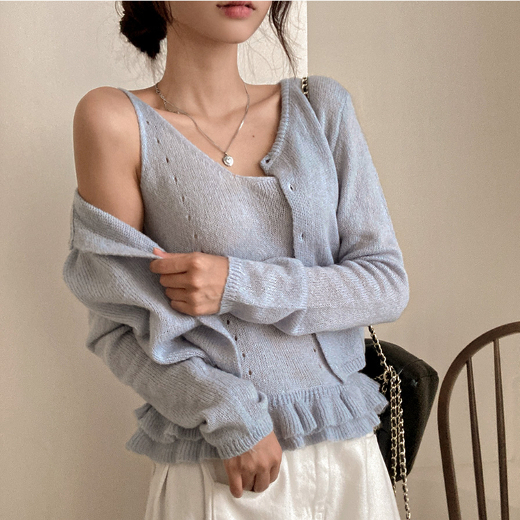 큐핑 펀칭 프릴 나시 크롭 가디건 투피스 세트 소라