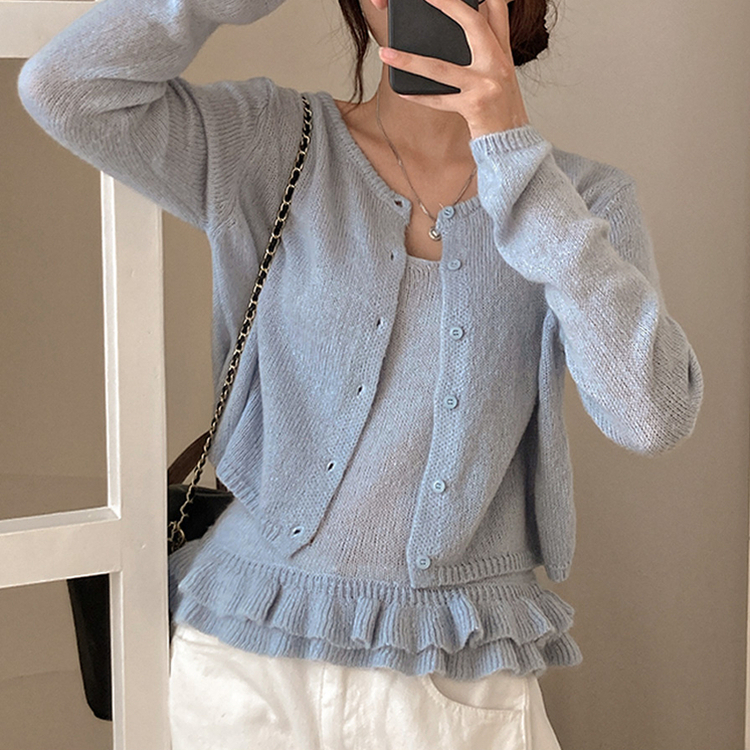 큐핑 펀칭 프릴 나시 크롭 가디건 투피스 세트 소라