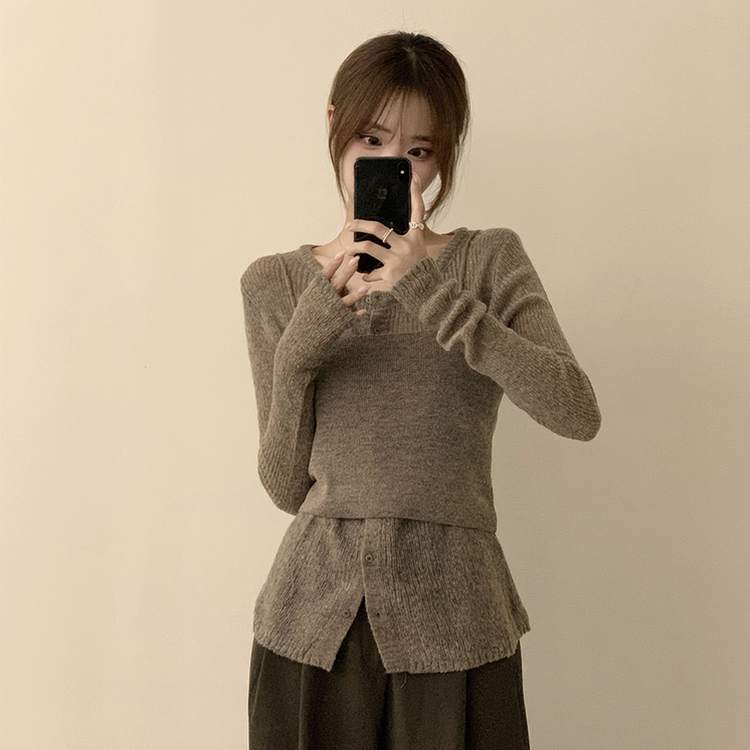 퀄리티 보장하는 포근 라운드 가을 버튼 뷔스티에 가디건 세트 탑세트 슬림핏 긴팔 레이어트 울 니트 상의 아우터 하객룩 모카