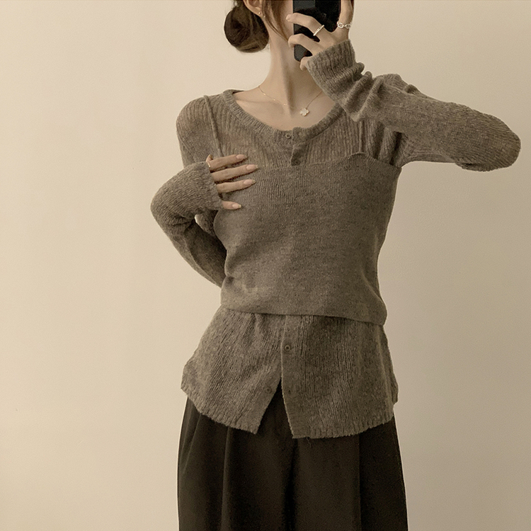 퀄리티 보장하는 포근 라운드 가을 버튼 뷔스티에 가디건 세트 탑세트 슬림핏 긴팔 레이어트 울 니트 상의 아우터 하객룩 모카