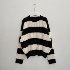 ケーブルビンテージストライプニット