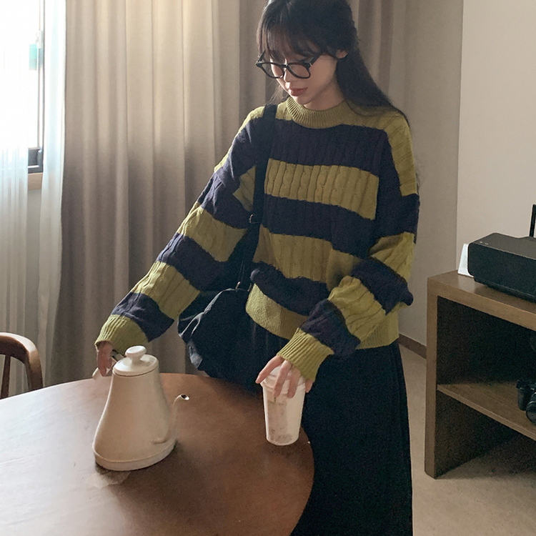 ケーブルビンテージストライプニット GREEN