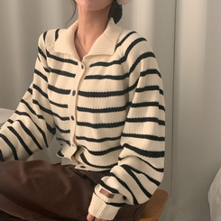 티팟 스트라이프 단가라 루즈핏 여리 카라 니트 가디건 아이보리