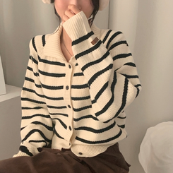 티팟 스트라이프 단가라 루즈핏 여리 카라 니트 가디건 아이보리