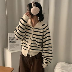 티팟 스트라이프 단가라 루즈핏 여리 카라 니트 가디건 아이보리