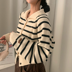 티팟 스트라이프 단가라 루즈핏 여리 카라 니트 가디건 아이보리