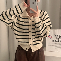 티팟 스트라이프 단가라 루즈핏 여리 카라 니트 가디건 아이보리
