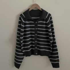 티팟 스트라이프 단가라 루즈핏 여리 카라 니트 가디건