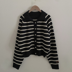 티팟 스트라이프 단가라 루즈핏 여리 카라 니트 가디건