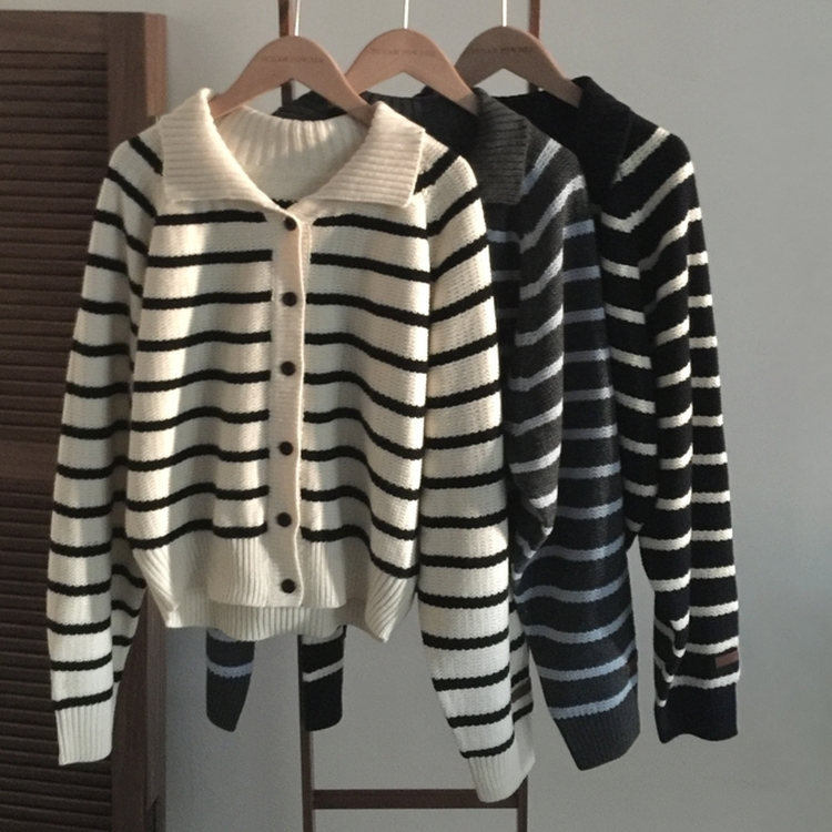 티팟 스트라이프 단가라 루즈핏 여리 카라 니트 가디건