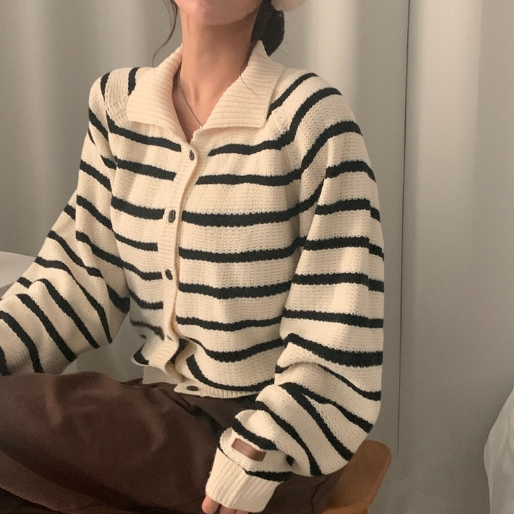 티팟 스트라이프 단가라 루즈핏 여리 카라 니트 가디건 아이보리
