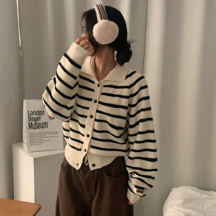 티팟 스트라이프 단가라 루즈핏 여리 카라 니트 가디건 아이보리