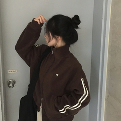 덤블 배색라인 후리스 투웨이 집업점퍼 브라운