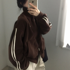 덤블 배색라인 후리스 투웨이 집업점퍼 브라운