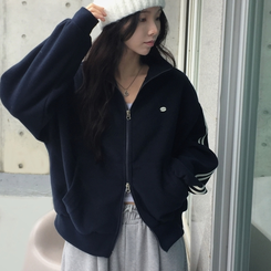 덤블 배색라인 후리스 투웨이 집업점퍼 네이비