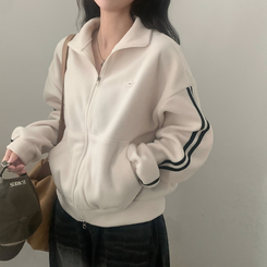 덤블 배색라인 후리스 투웨이 집업점퍼 크림