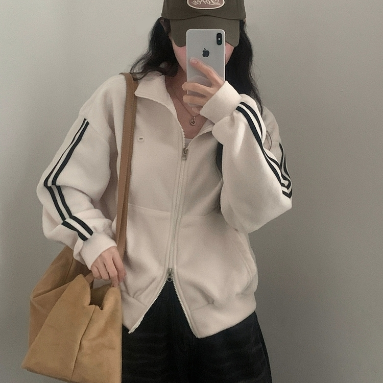 덤블 배색라인 후리스 투웨이 집업점퍼 크림