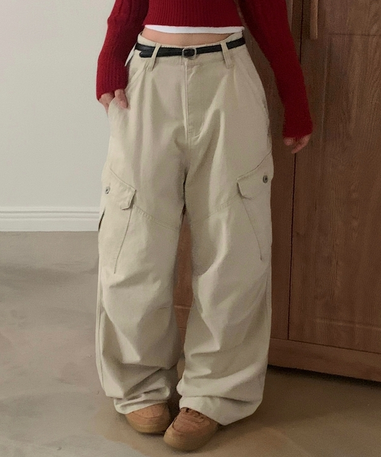 케인 피그먼트 워싱 핀턱 카고팬츠