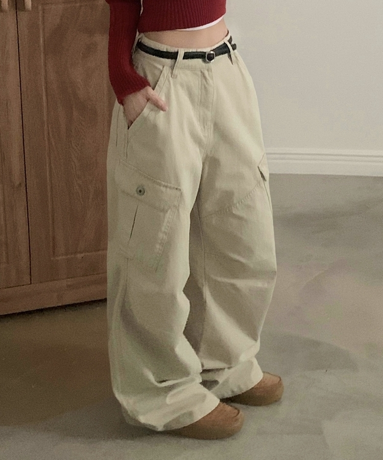 케인 피그먼트 워싱 핀턱 카고팬츠