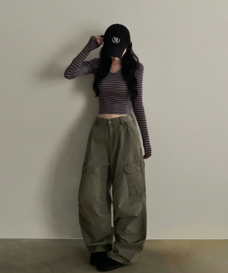 케인 피그먼트 워싱 핀턱 카고팬츠